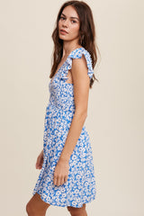 Blue Flower Print Smocked V-Neck Ruffle Sleeve Dress