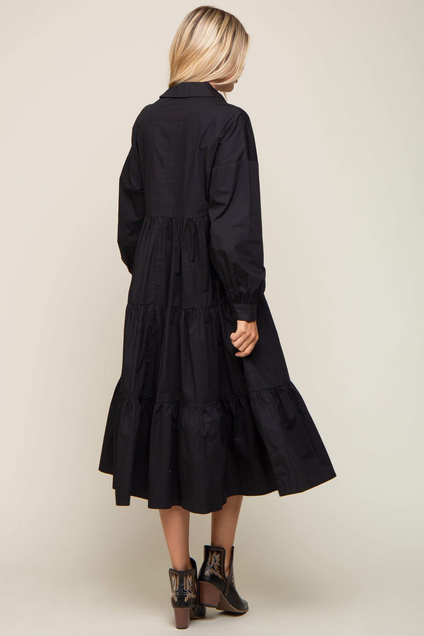 Black Tiered Button Down Midi Dress