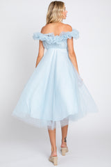 Light Blue Tulle Off Shoulder Midi Dress