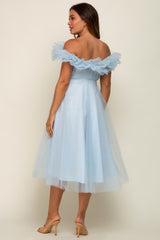 Light Blue Tulle Off Shoulder Maternity Midi Dress