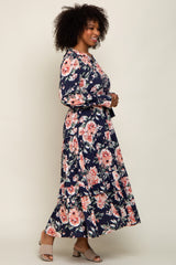 Navy Floral Smocked Ruffle Neck Maxi Dress