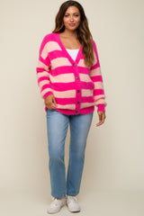 Pink Striped Fuzzy Maternity Cardigan