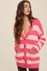 Pink Striped Fuzzy Maternity Cardigan