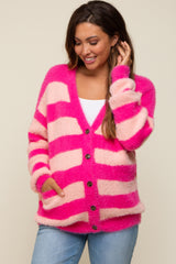 Pink Striped Fuzzy Maternity Cardigan