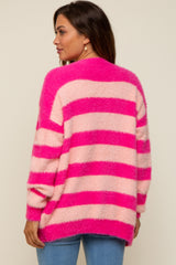 Pink Striped Fuzzy Maternity Cardigan