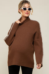 Brown Contrast Stitch Turtleneck Maternity Sweater