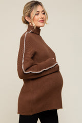 Brown Contrast Stitch Turtleneck Maternity Sweater