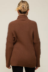 Brown Contrast Stitch Turtleneck Maternity Sweater