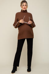 Brown Contrast Stitch Turtleneck Maternity Sweater