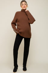 Brown Contrast Stitch Turtleneck Maternity Sweater