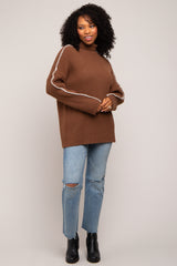 Brown Contrast Stitch Turtleneck Maternity Sweater