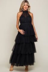 Black Tulle Halter Ruffle Tiered Maternity Midi Dress