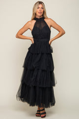 Black Tulle Halter Ruffle Tiered Maternity Midi Dress