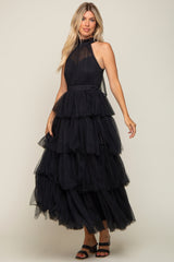 Black Tulle Halter Ruffle Tiered Midi Dress