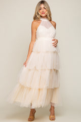 Cream Tulle Halter Ruffle Tiered Maternity Midi Dress