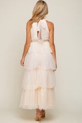 Cream Tulle Halter Ruffle Tiered Maternity Midi Dress