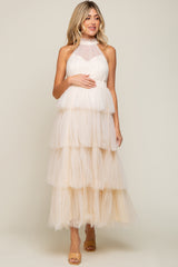 Cream Tulle Halter Ruffle Tiered Maternity Midi Dress