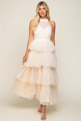 Cream Tulle Halter Ruffle Tiered Midi Dress