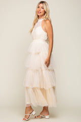 Cream Tulle Halter Ruffle Tiered Midi Dress