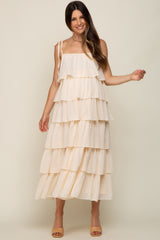 Cream Lace Shoulder Tie Ruffle Tiered Maternity Midi Dress