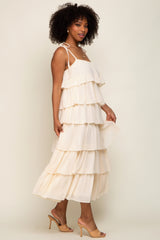 Cream Lace Shoulder Tie Ruffle Tiered Midi Dress