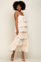 Cream Lace Shoulder Tie Ruffle Tiered Midi Dress