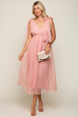 Pink Dotted Tulle Deep V-Neck Shoulder Tie Midi Dress