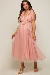 Pink Dotted Tulle Deep V-Neck Shoulder Tie Maternity Midi Dress