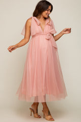 Pink Dotted Tulle Deep V-Neck Shoulder Tie Maternity Midi Dress