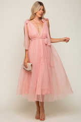 Pink Dotted Tulle Deep V-Neck Shoulder Tie Maternity Midi Dress