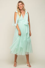 Mint Green Dotted Tulle Deep V-Neck Shoulder Tie Midi Dress