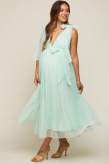 Mint Green Dotted Tulle Deep V-Neck Shoulder Tie Maternity Midi Dress