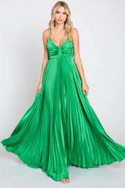 Green Satin Pleated Cutout Gown