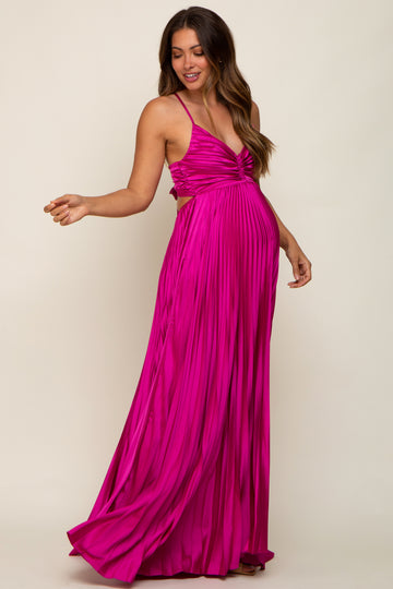 Magenta Satin Pleated Cutout Maternity Gown