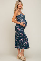 Navy Floral Sleeveless Maternity Midi Dress