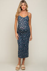 Navy Floral Sleeveless Maternity Midi Dress