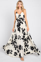 Ivory Floral Satin Pleated Cutout Maternity Gown