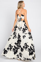 Ivory Floral Satin Pleated Cutout Gown