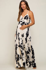 Ivory Floral Satin Pleated Cutout Maternity Gown