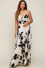 Ivory Floral Satin Pleated Cutout Maternity Gown