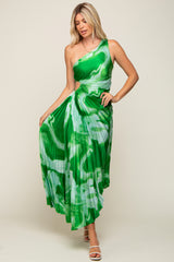 Green Watercolor Satin Pleated One-Shoulder Asymmetrical Midi Dress