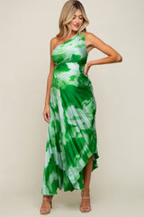 Green Watercolor Satin Pleated One-Shoulder Asymmetrical Maternity Midi Dress