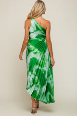 Green Watercolor Satin Pleated One-Shoulder Asymmetrical Maternity Midi Dress