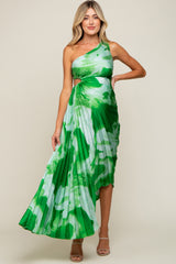 Green Watercolor Satin Pleated One-Shoulder Asymmetrical Maternity Midi Dress