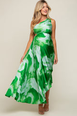 Green Watercolor Satin Pleated One-Shoulder Asymmetrical Maternity Midi Dress