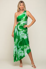 Green Watercolor Satin Pleated One-Shoulder Asymmetrical Midi Dress