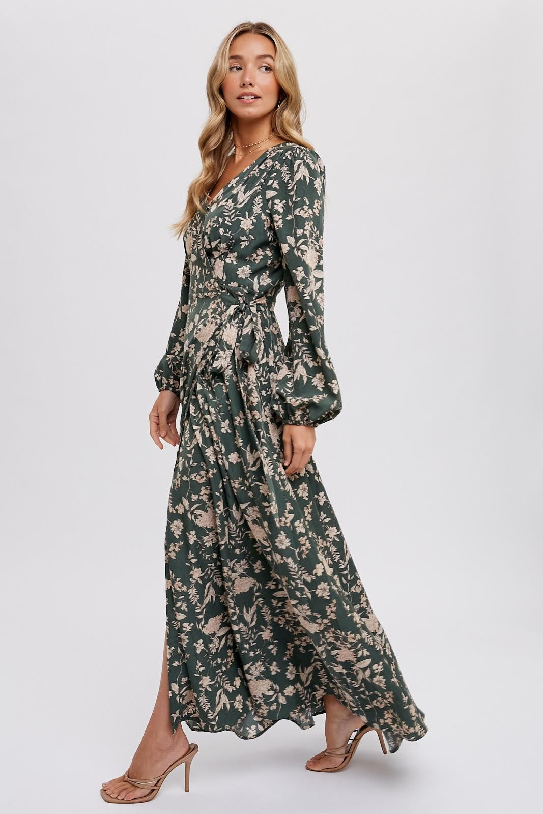 Forest Green Floral Wrap Maxi Dress