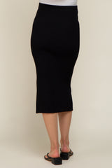 Black Ribbed Knit Slit Maternity Midi Skirt