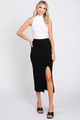 Black Ribbed Knit Slit Maternity Midi Skirt