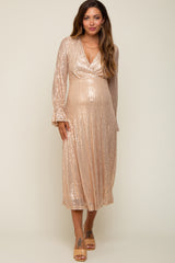 Gold Sequin Long Sleeve Wrap Maternity Maxi Dress